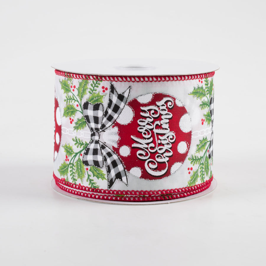 2.5" Hanging Christmas Ornament Holly Ribbon: White & Red (10 Yards)