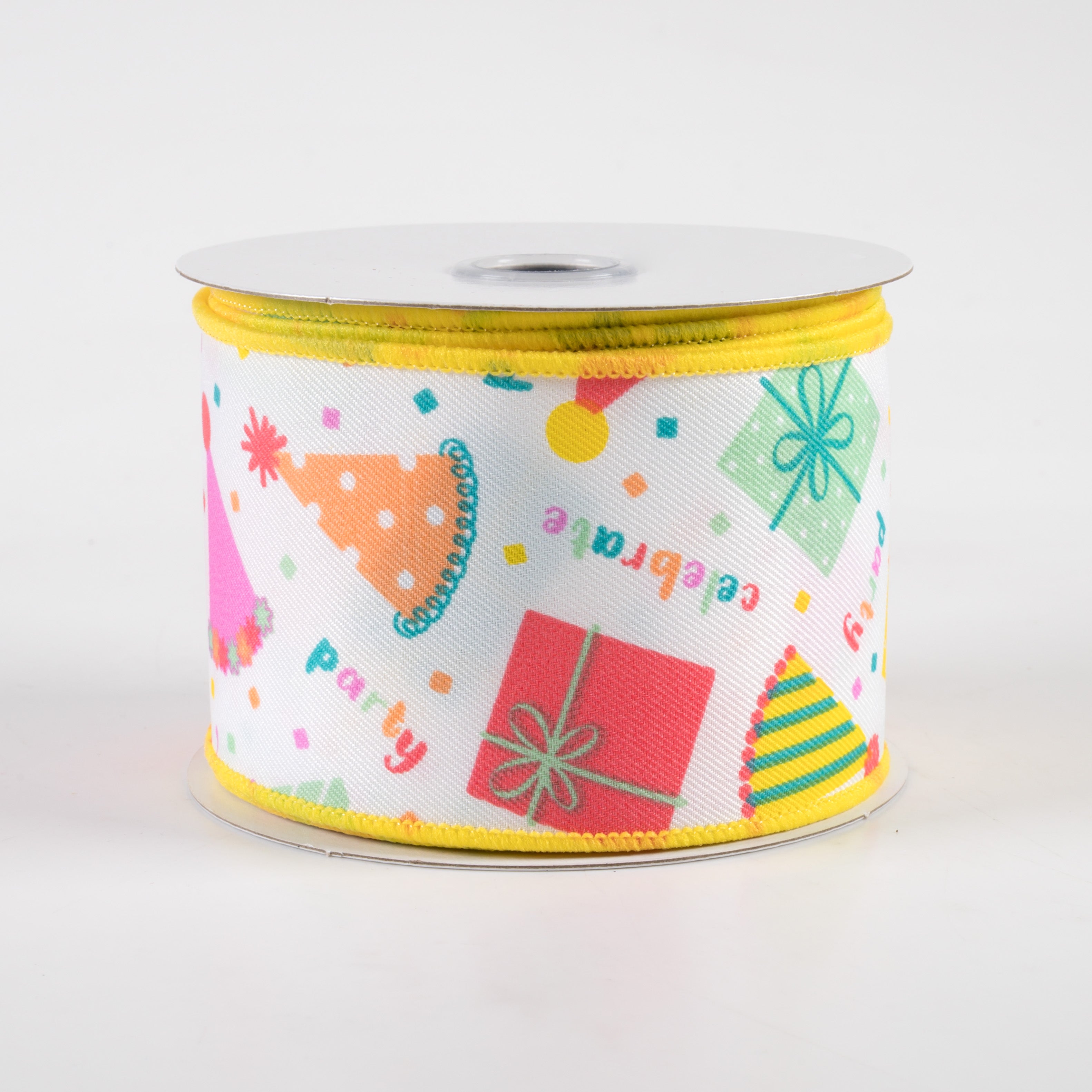 2.5" Happy Birthday Party Hats & Gifts Ribbon: White, Peach, Teal, Pink (10 Yards)