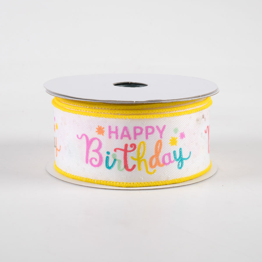 1.5" Happy Birthday Script Ribbon: White, Peach, Teal, Pink (10 Yards)