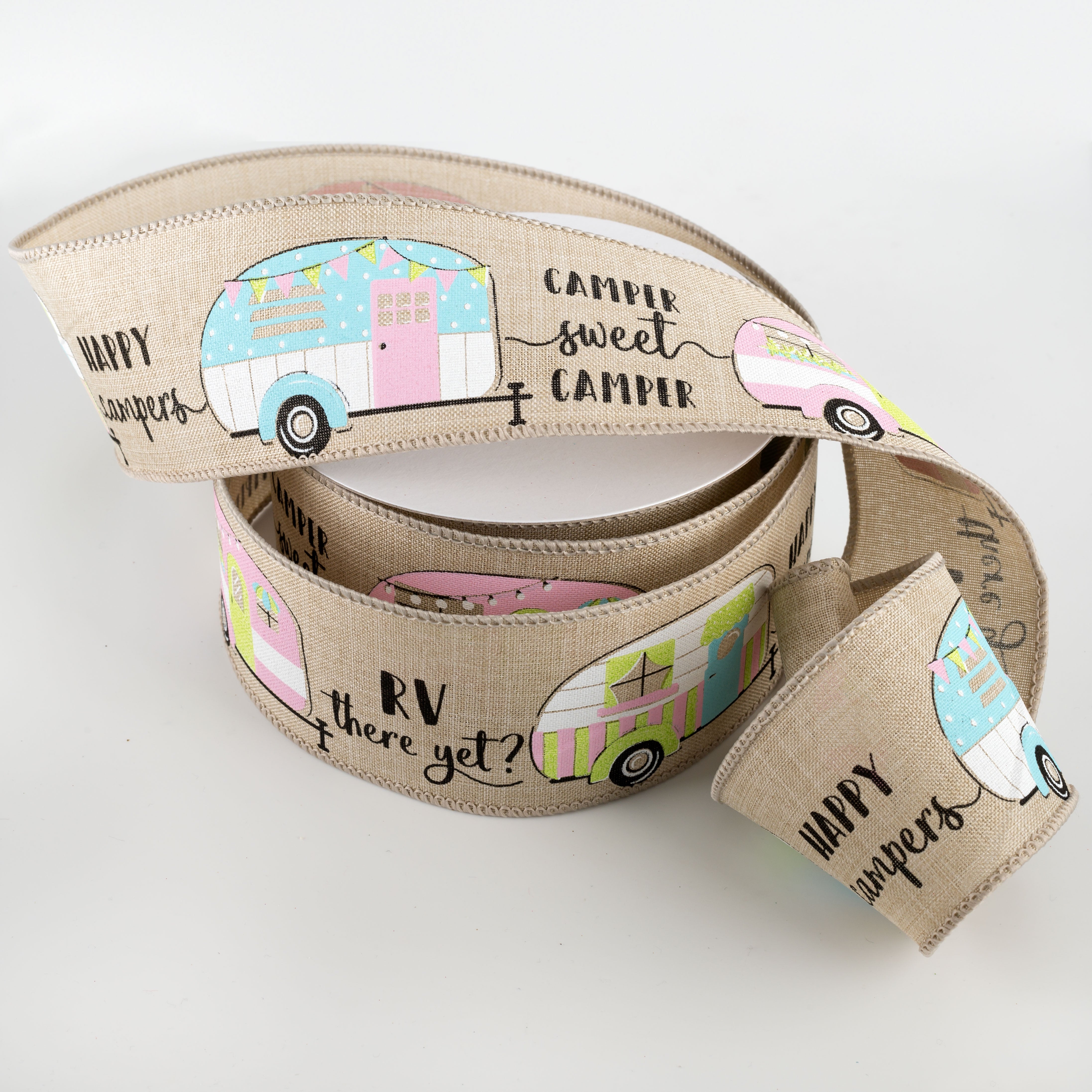 2.5" Happy Campers Ribbon: Natural, Pink, Blue (10 Yards) Lifestyle Photo