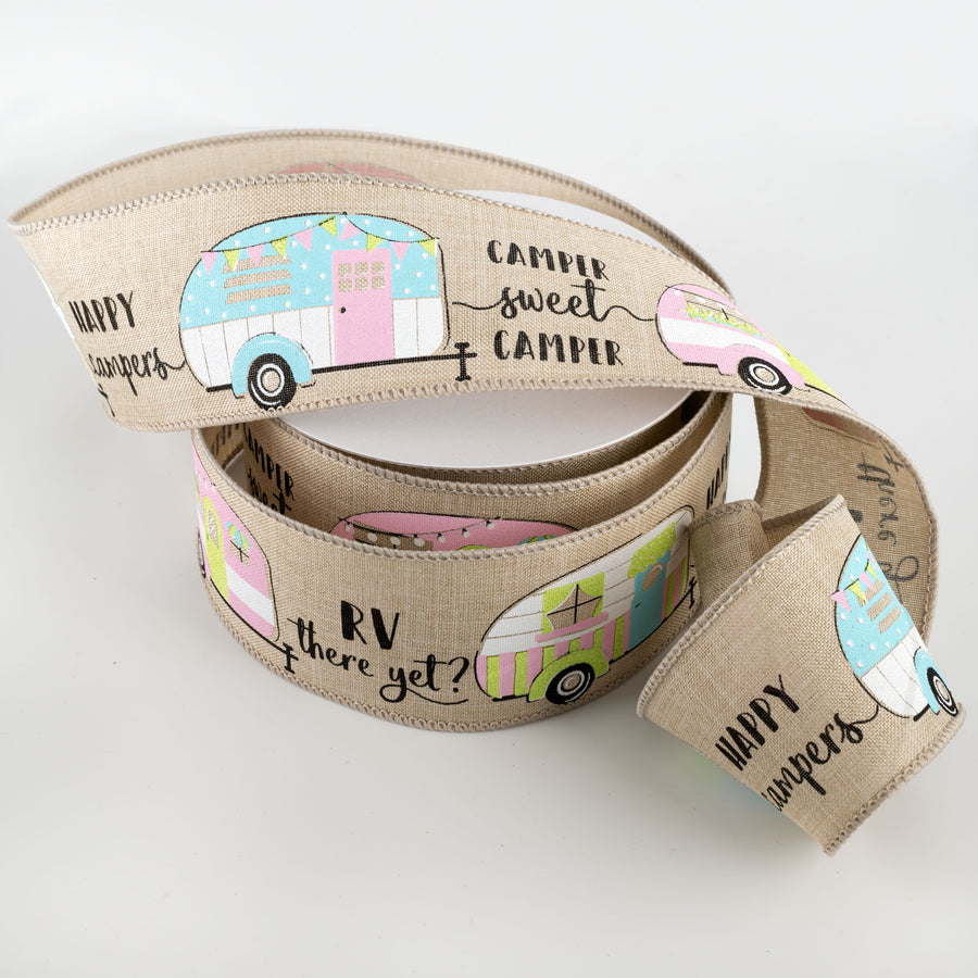 2.5" Happy Campers Ribbon: Natural, Pink, Blue (10 Yards) Lifestyle Photo