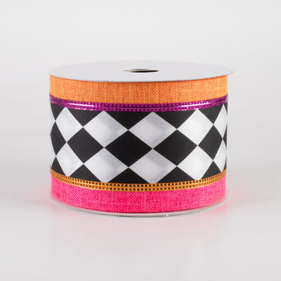 2.5" Harlequin Center & Linen Edge Ribbon: Hot Pink & Orange (10 Yards) Item Number: 56426-40-19