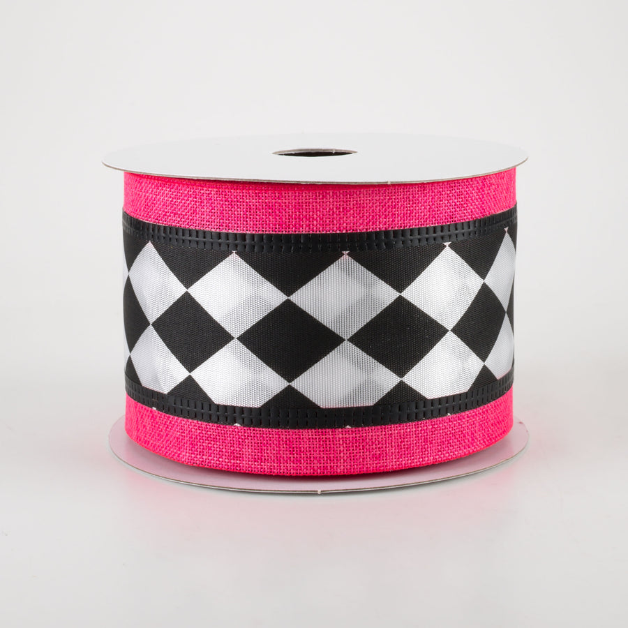 2.5" Harlequin Center & Linen Edge Ribbon: Hot Pink (10 Yards)