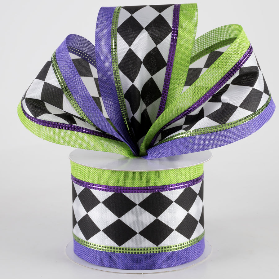 2.5" Harlequin Center & Linen Edge Ribbon: Purple & Green (10 Yards) Lifestyle Photo