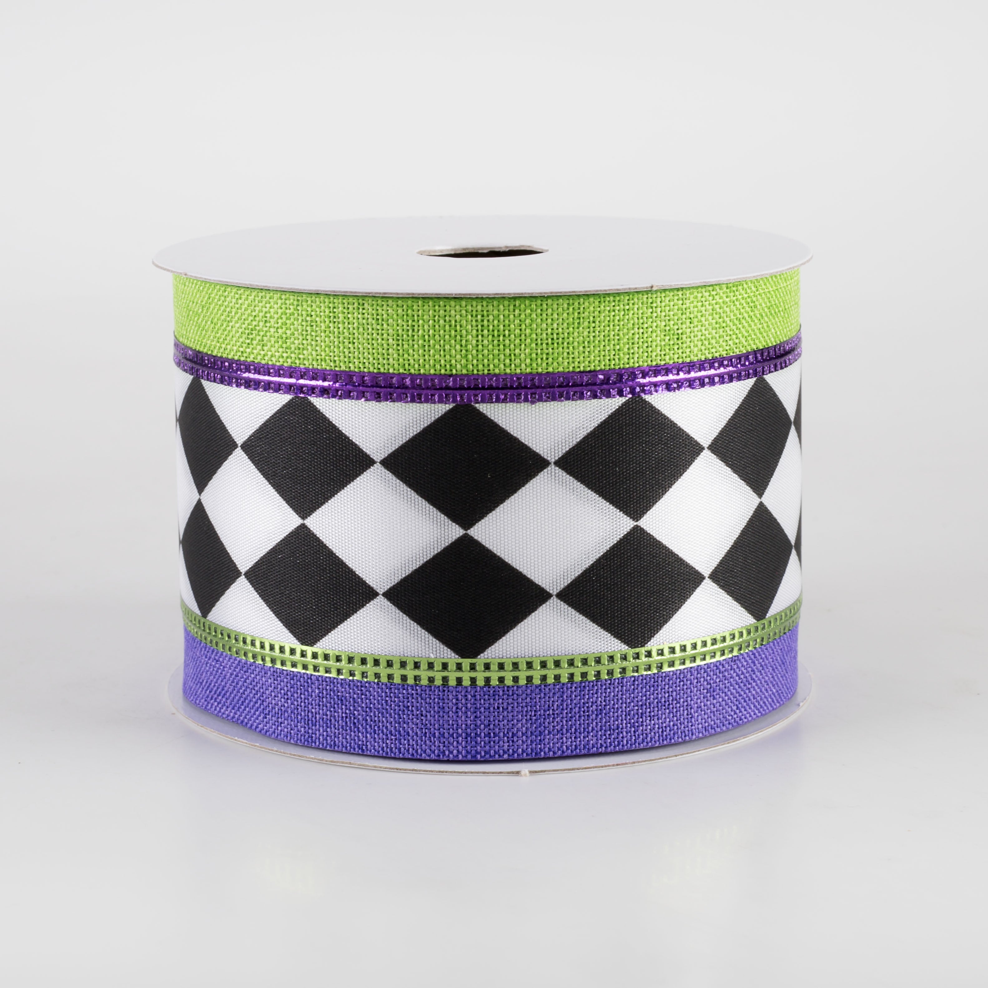 2.5" Harlequin Center & Linen Edge Ribbon: Purple & Green (10 Yards) Item Number: 56426-40-11