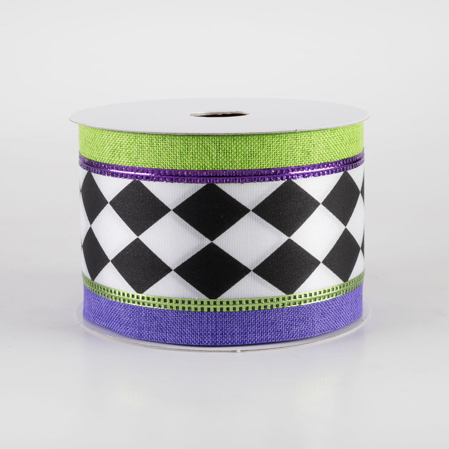 2.5" Harlequin Center & Linen Edge Ribbon: Purple & Green (10 Yards) Item Number: 56426-40-11