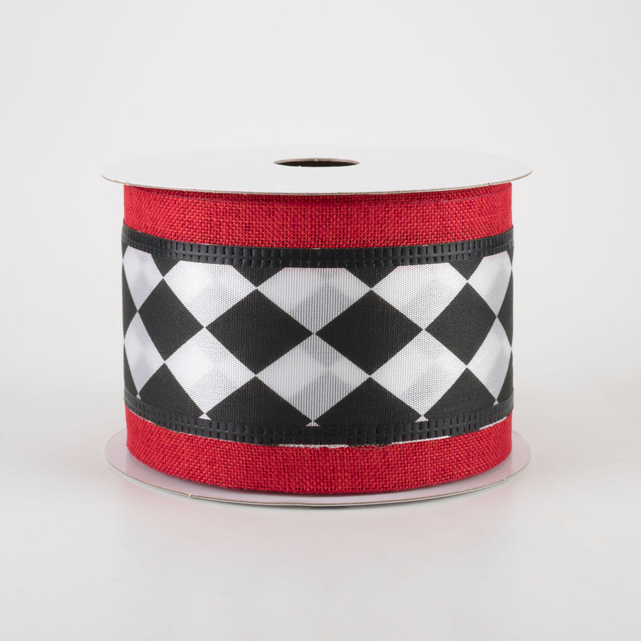 2.5" Harlequin Center & Linen Edge Ribbon: Red (10 Yards)