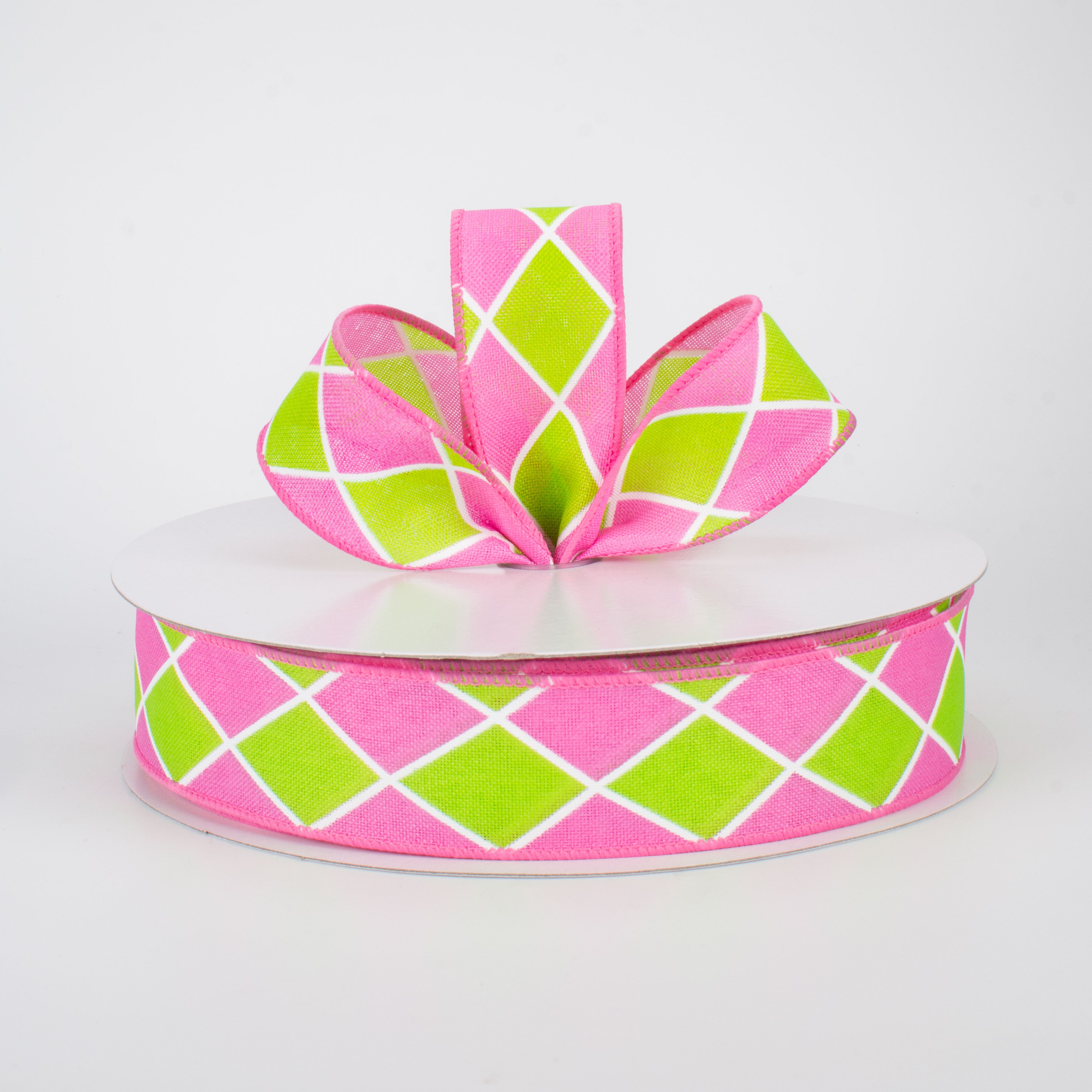 1.5" Harlequin Diamond Ribbon: Pink & Green (50 Yards) Lifestyle Photo