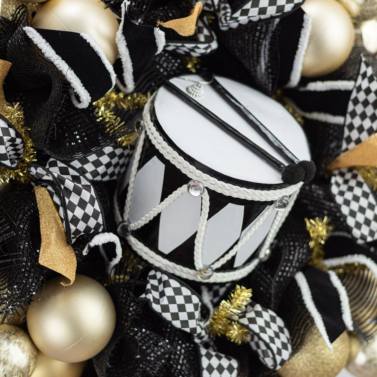6" Harlequin Drum Ornament: Black & White Lifestyle Photo