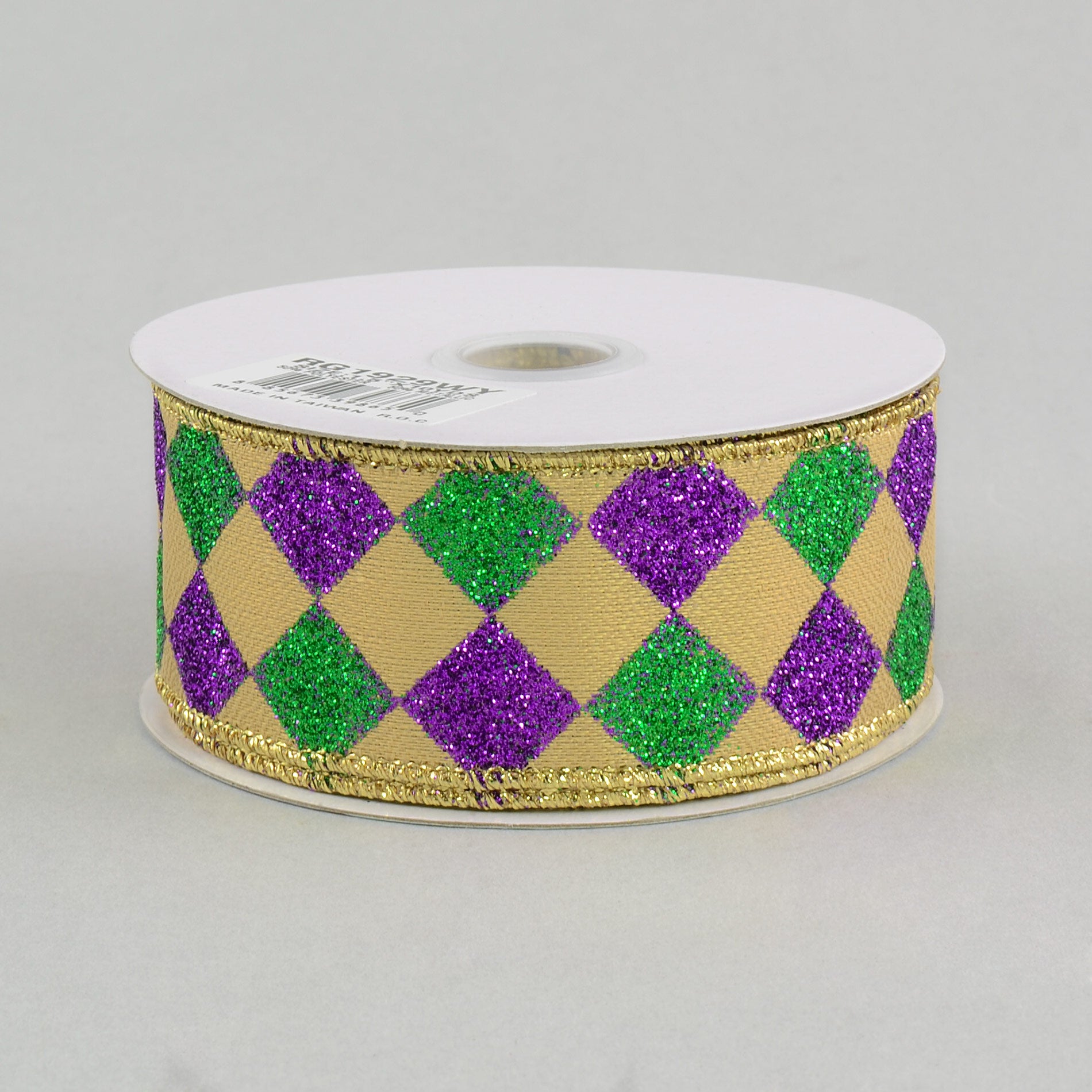 1.5" Harlequin Glitter Diamond Ribbon: Purple, Green & Gold (10 Yards)