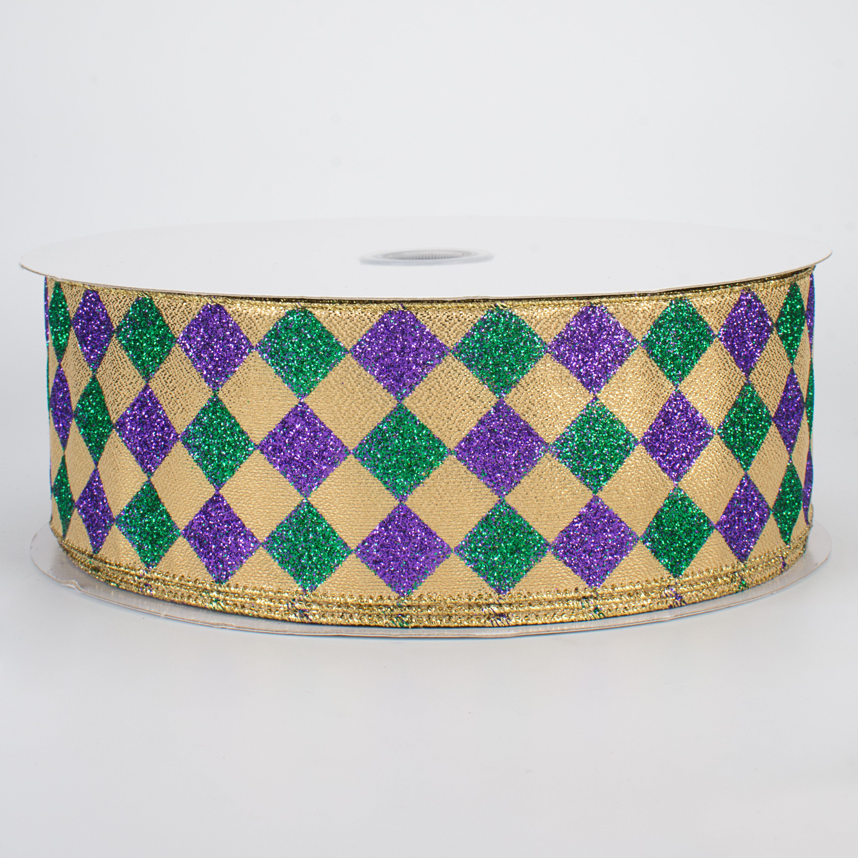 2.5" Harlequin Glitter Diamond Ribbon: Purple, Green & Gold (50 Yards)