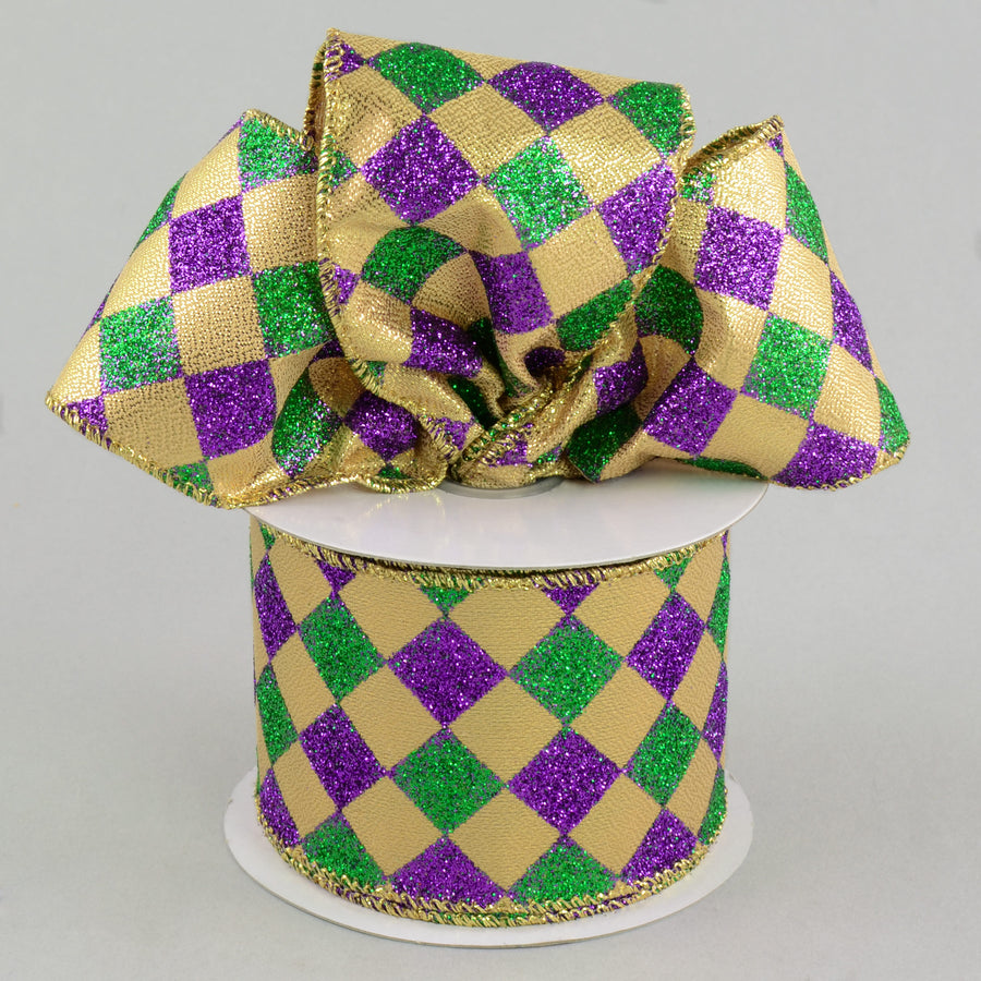 2.5" Harlequin Glitter Diamond Ribbon: Purple, Green & Gold (10 Yards) Lifestyle Photo