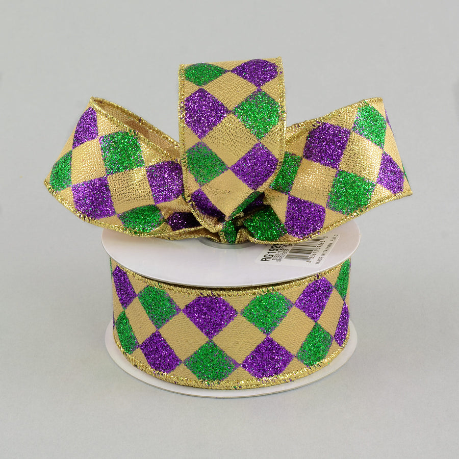 1.5" Harlequin Glitter Diamond Ribbon: Purple, Green & Gold (10 Yards) Lifestyle Photo