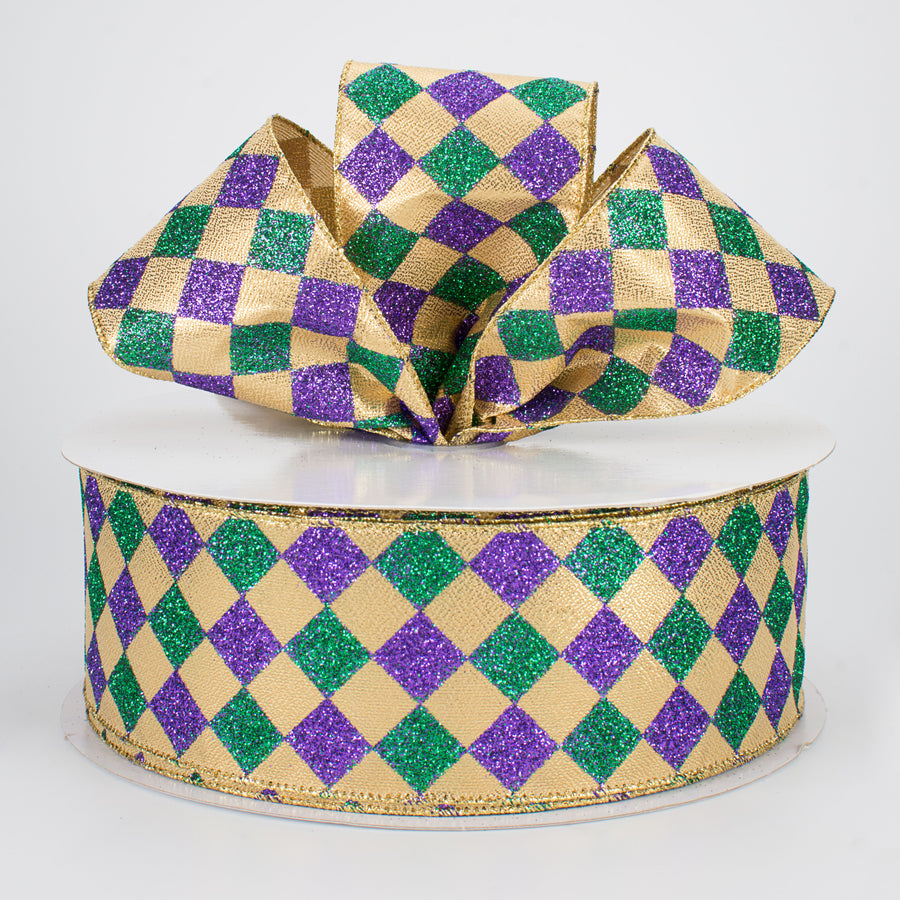 2.5" Harlequin Glitter Diamond Ribbon: Purple, Green & Gold (50 Yards) Lifestyle Photo