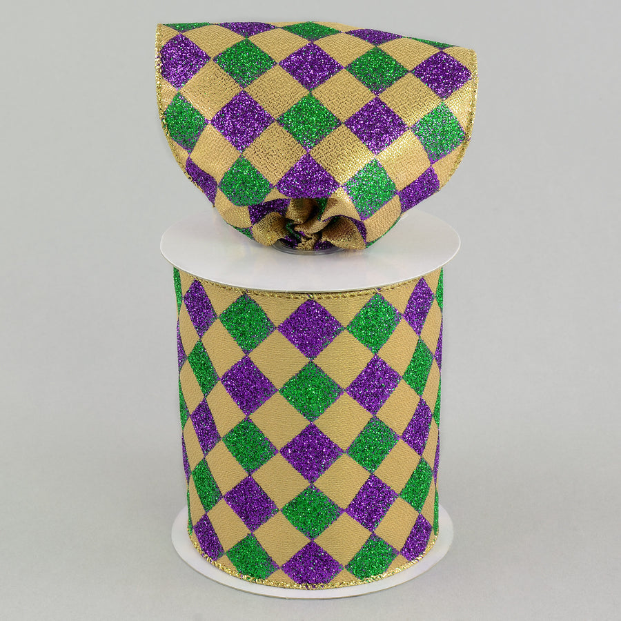 4" Harlequin Glitter Diamond Ribbon: Purple, Green & Gold (10 Yards) Lifestyle Photo