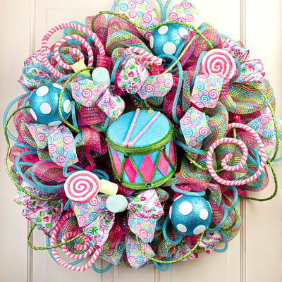 6" Harlequin Glitter Drum Ornament: Pink & Blue Lifestyle Photo
