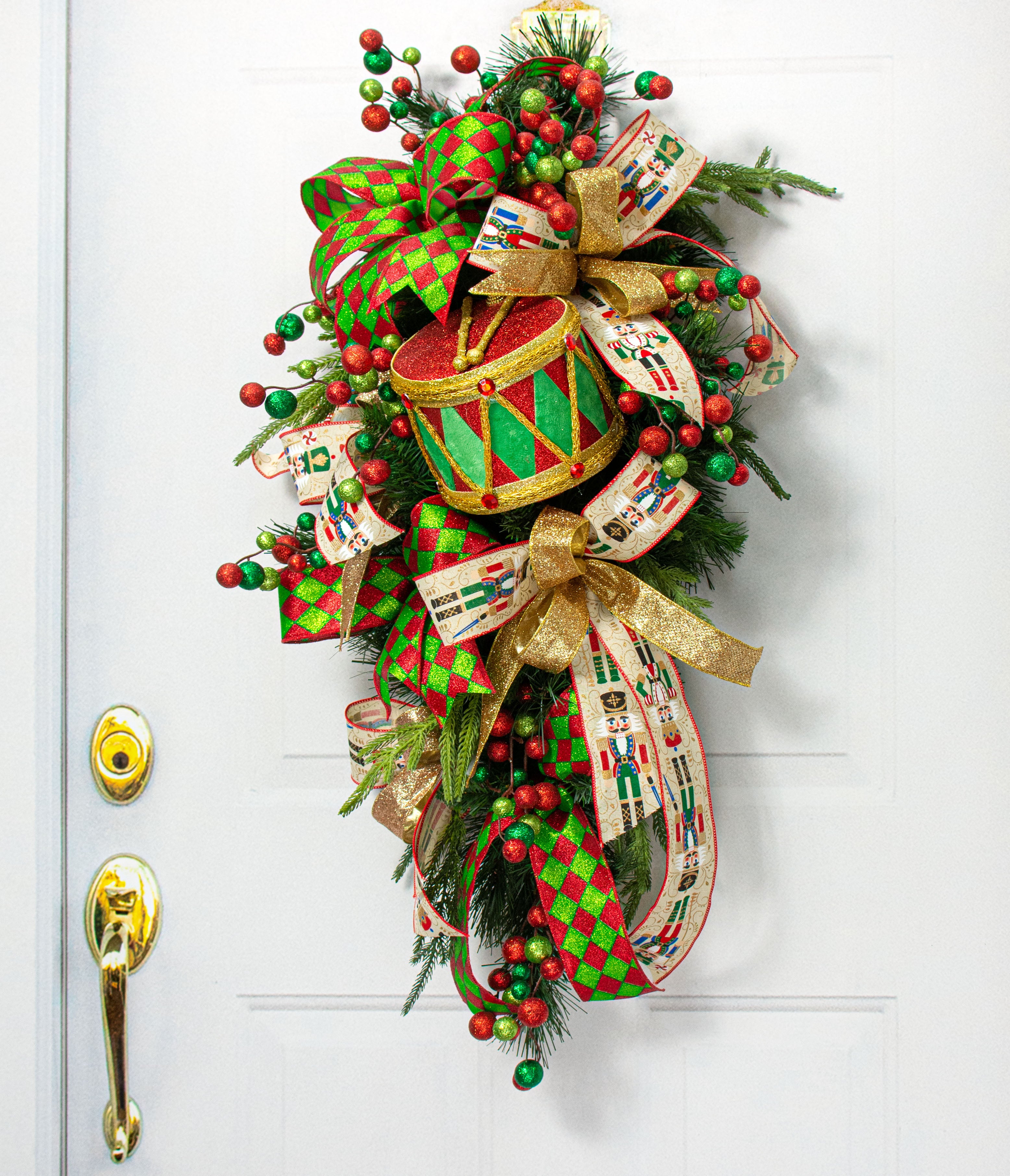 6" Harlequin Glitter Drum Ornament: Red & Green Lifestyle Photo