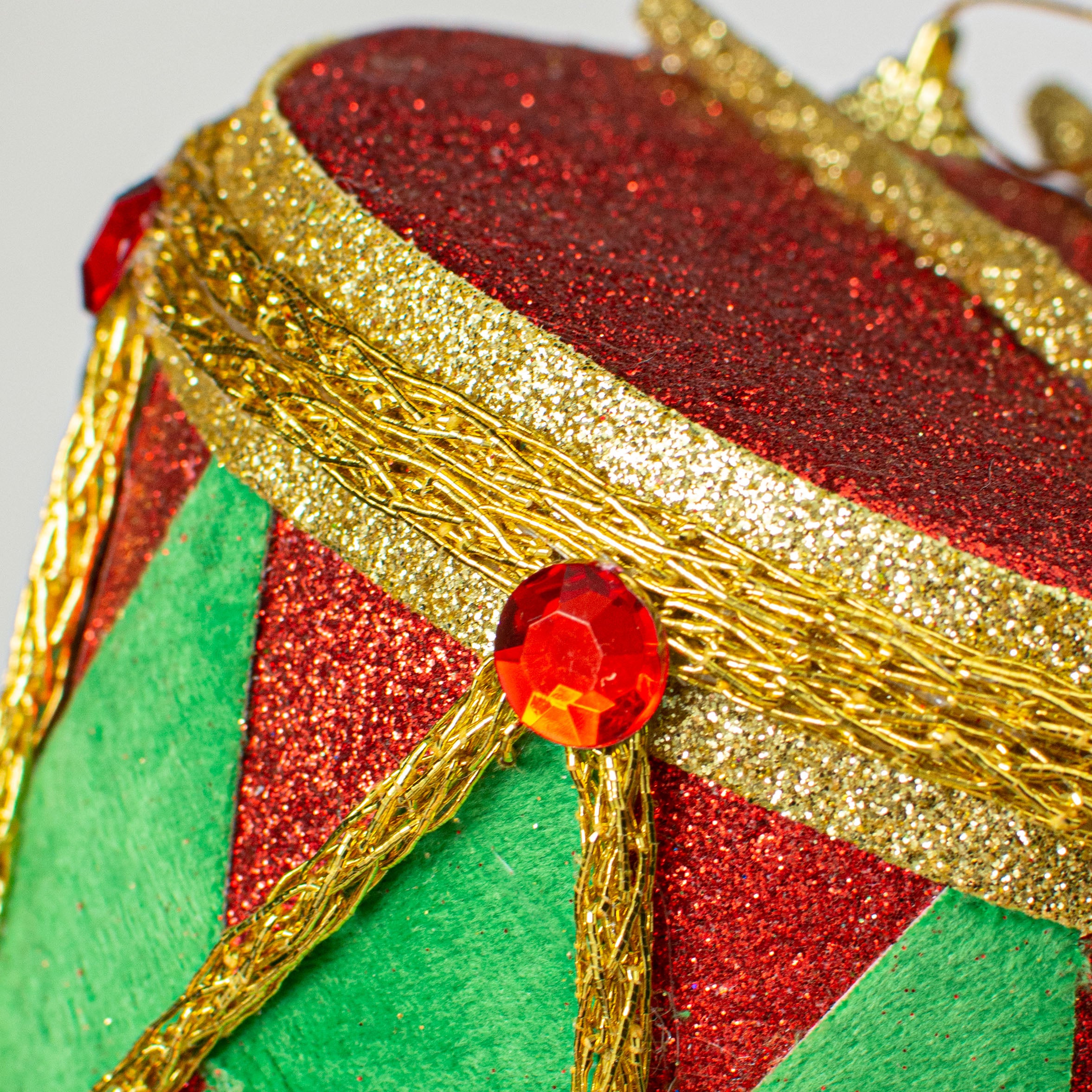 6" Harlequin Glitter Drum Ornament: Red & Green detail photo 3