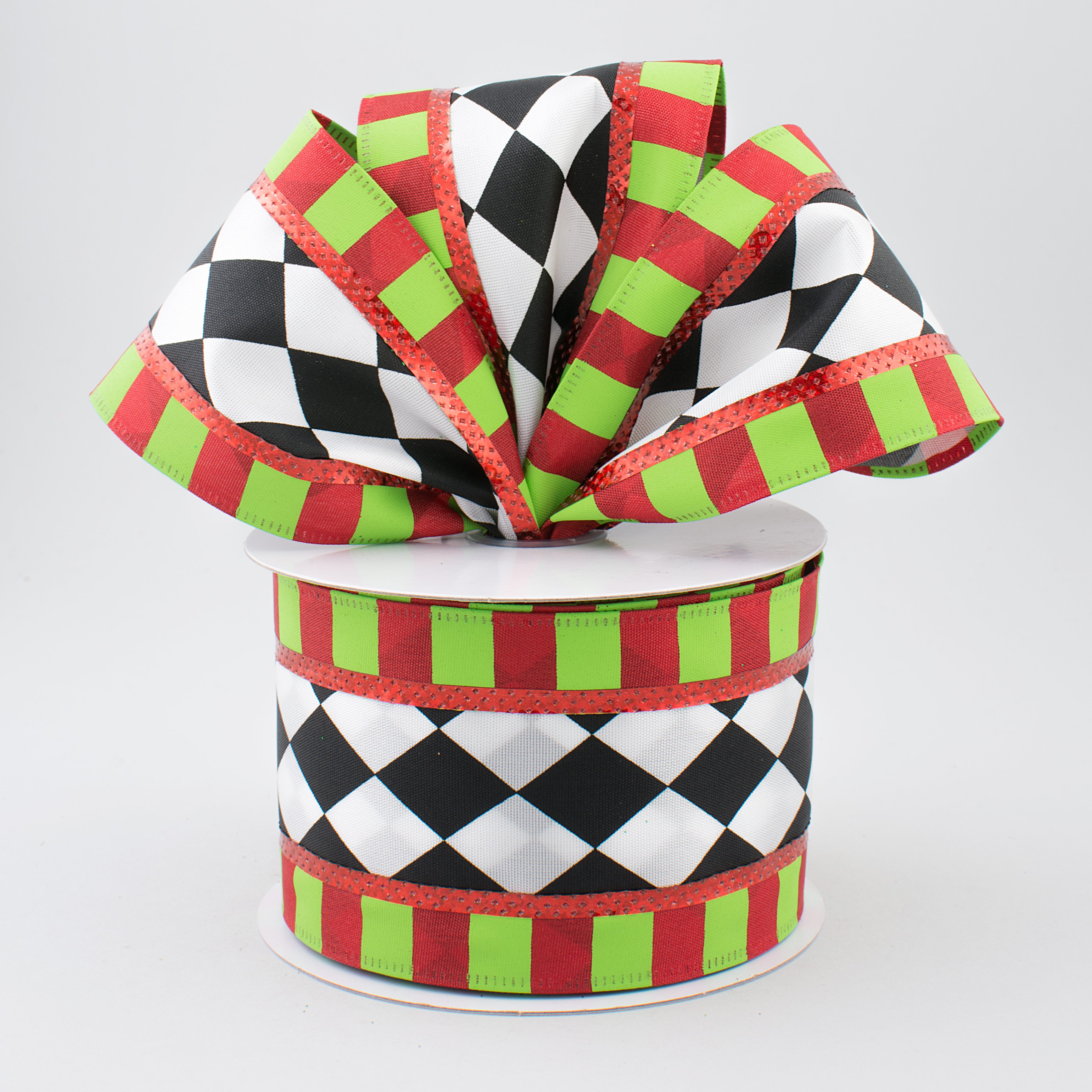2.5" Harlequin & Stripes Ribbon: Lime, Red, Black & White (10 Yards) Lifestyle Photo