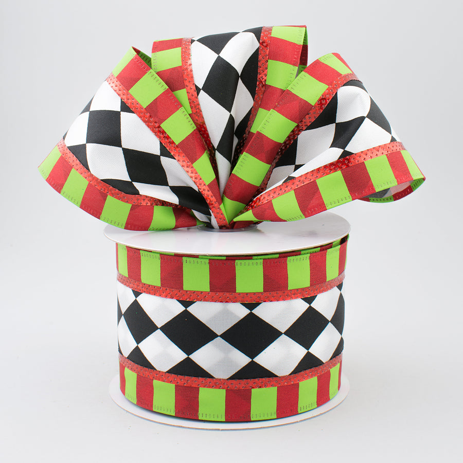2.5" Harlequin & Stripes Ribbon: Lime, Red, Black & White (10 Yards) Lifestyle Photo
