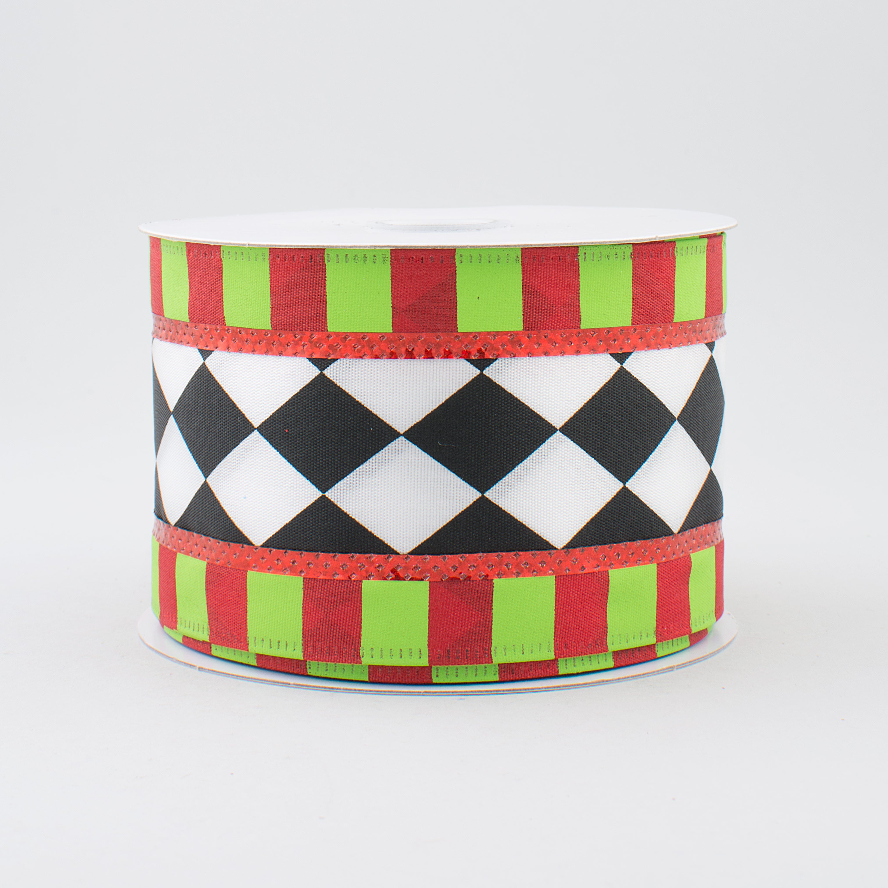 2.5" Harlequin & Stripes Ribbon: Lime, Red, Black & White (10 Yards)