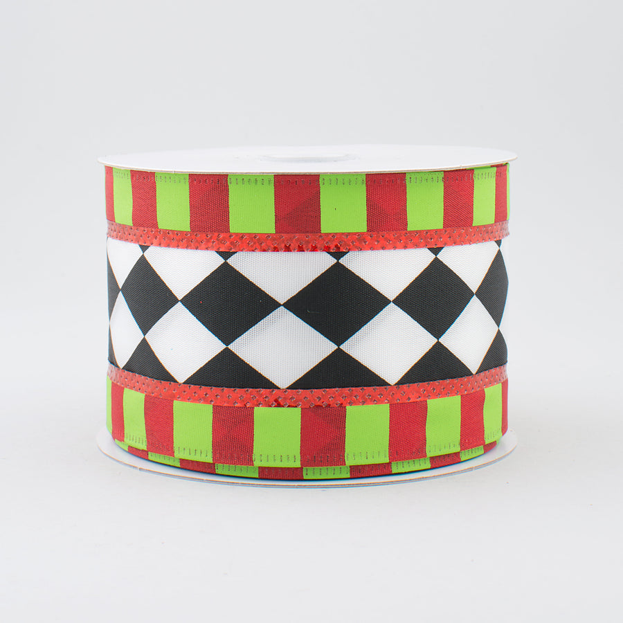 2.5" Harlequin & Stripes Ribbon: Lime, Red, Black & White (10 Yards)
