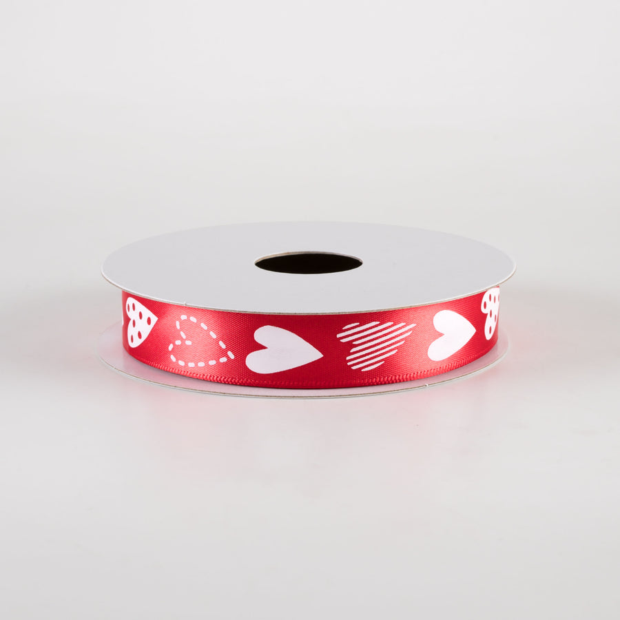 5/8" Heart Drawings Satin Ribbon: Red (10 Yards)