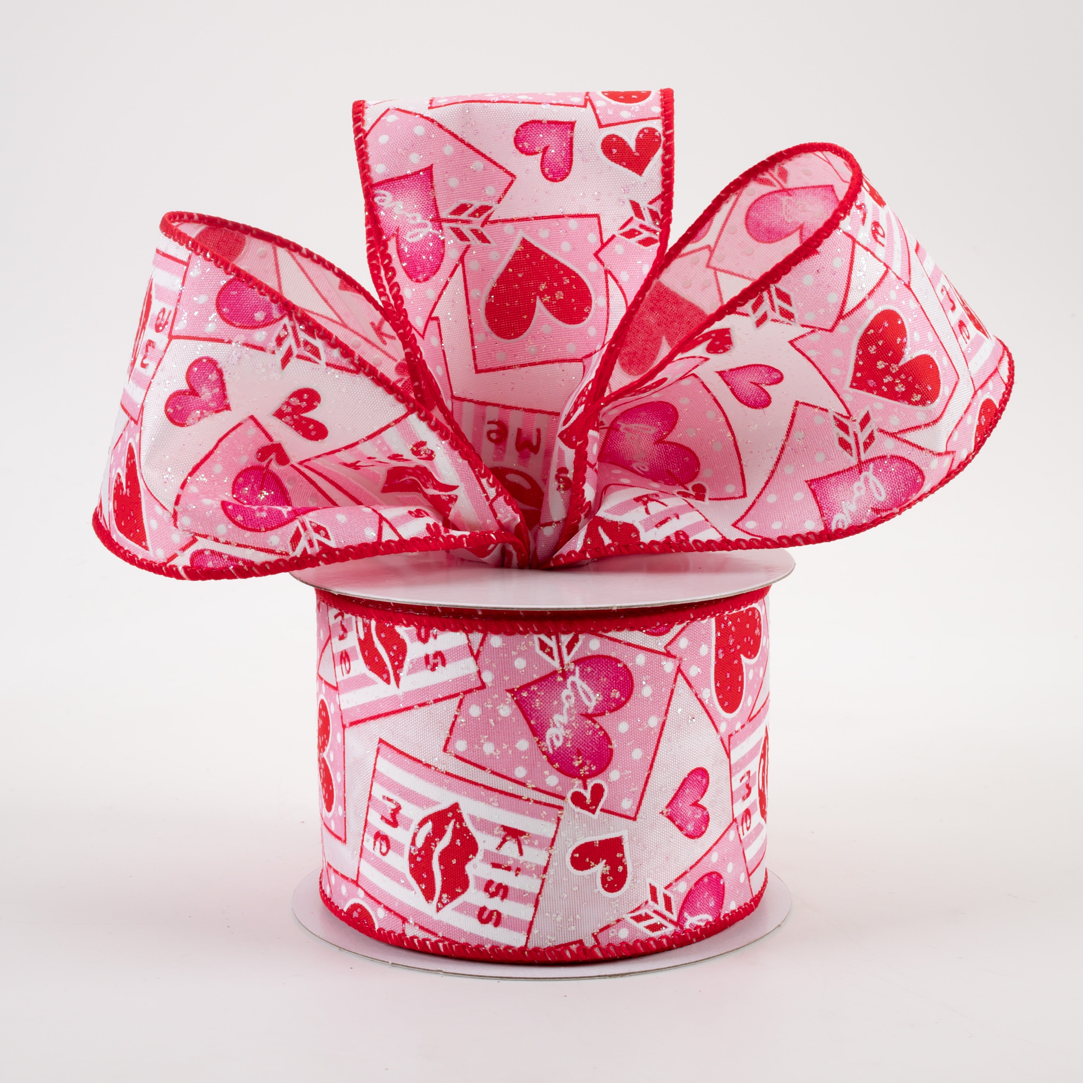 2.5" Heart Valentine Note Glitter Satin Ribbon: White, Pink, Red (10 Yards) Lifestyle Photo