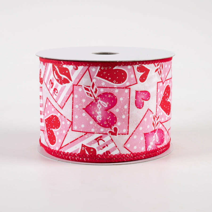 2.5" Heart Valentine Note Glitter Satin Ribbon: White, Pink, Red (10 Yards) Item Number: 11310-40-01