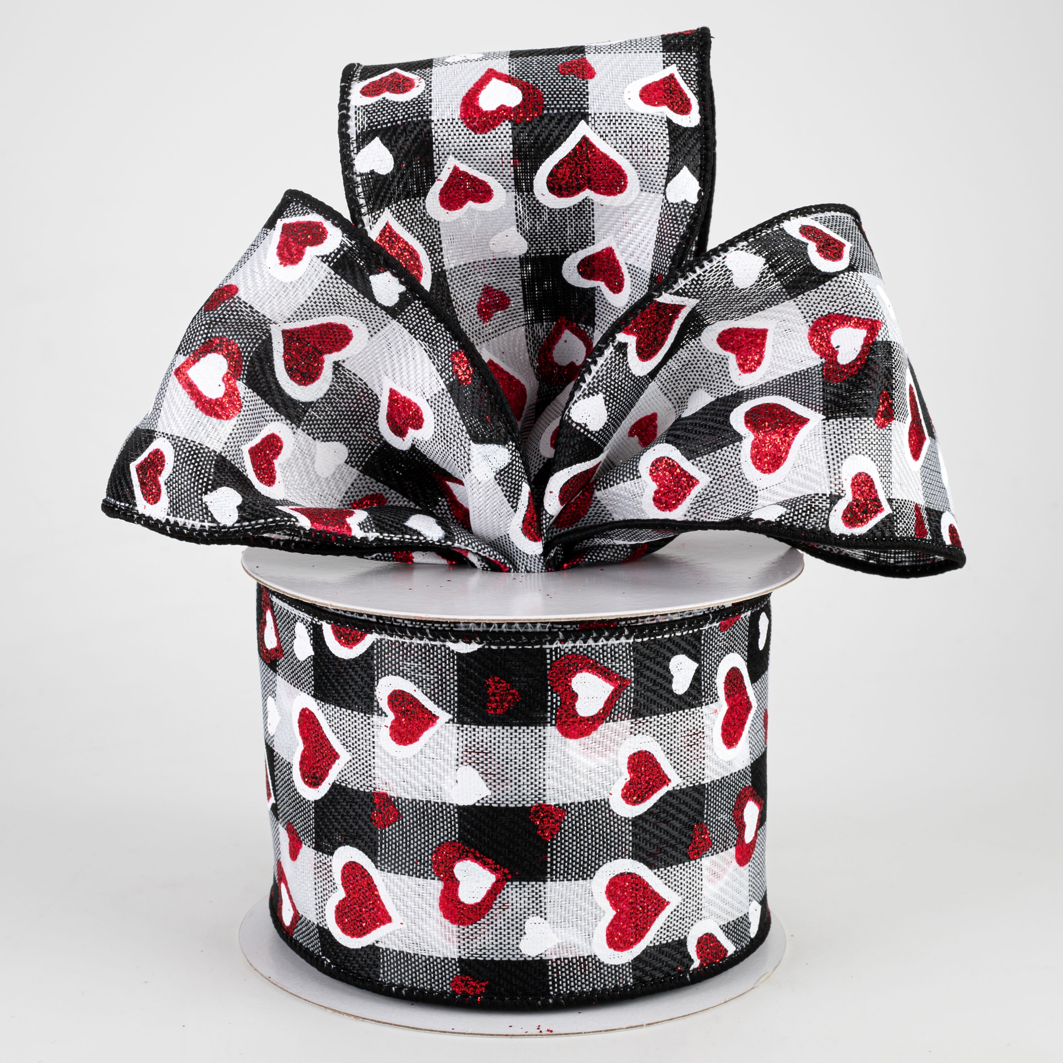 2.5" Hearts On Buffalo Plaid Ribbon: Black, White, Red (10 Yards) Lifestyle Photo
