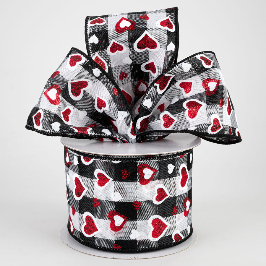 2.5" Hearts On Buffalo Plaid Ribbon: Black, White, Red (10 Yards) Lifestyle Photo