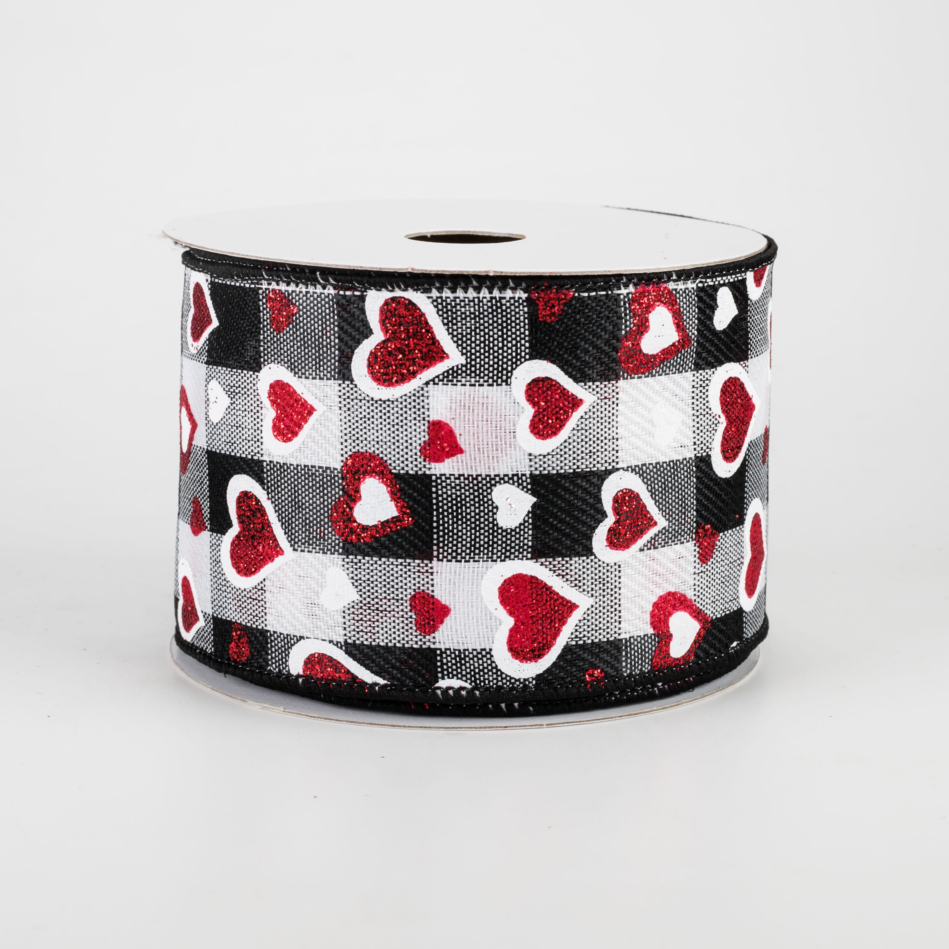 2.5" Hearts On Buffalo Plaid Ribbon: Black, White, Red (10 Yards)