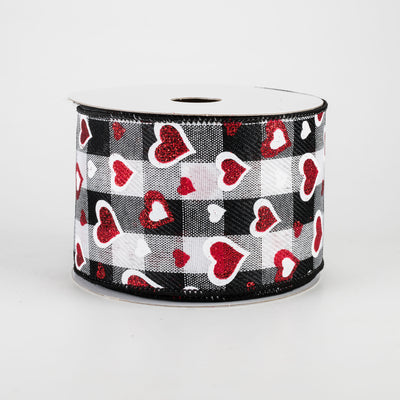 2.5" Hearts On Buffalo Plaid Ribbon: Black, White, Red (10 Yards)