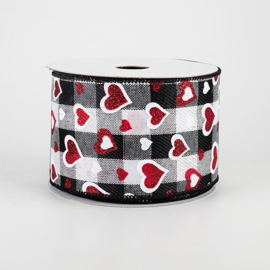 2.5" Hearts On Buffalo Plaid Ribbon: Black, White, Red (10 Yards)
