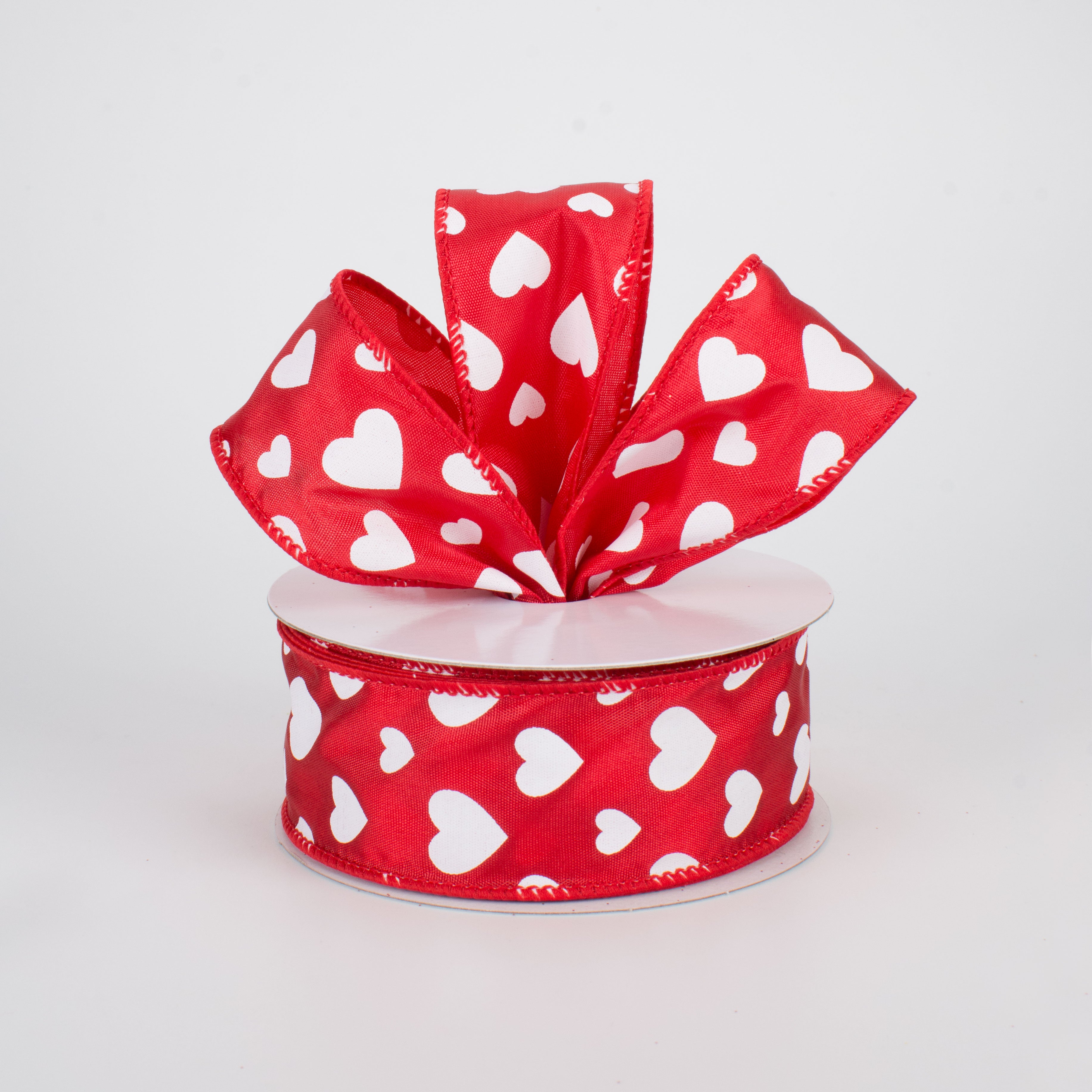 1.5" Hearts Ribbon: White On Red Satin (10 Yards) Lifestyle Photo