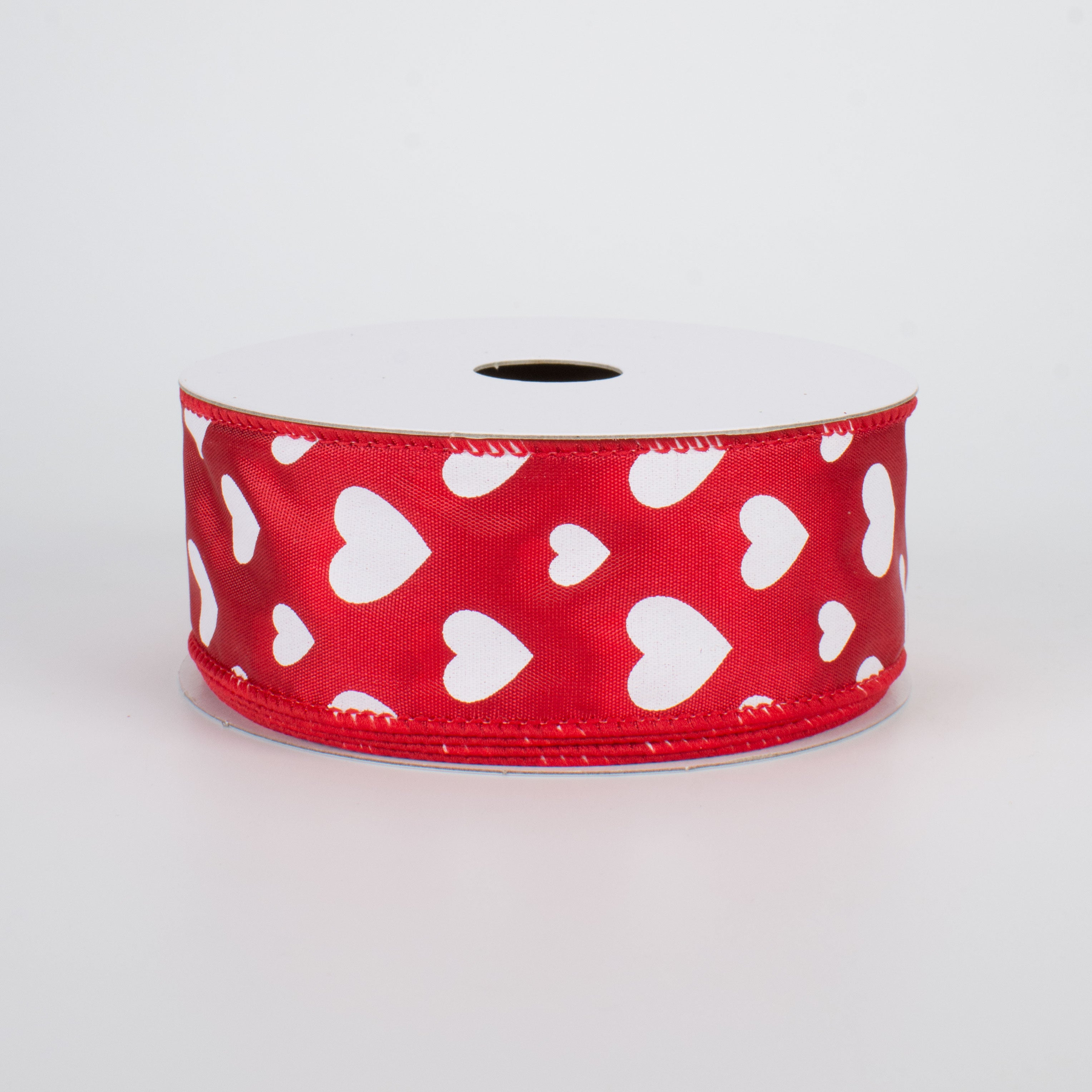 1.5" Hearts Ribbon: White On Red Satin (10 Yards)