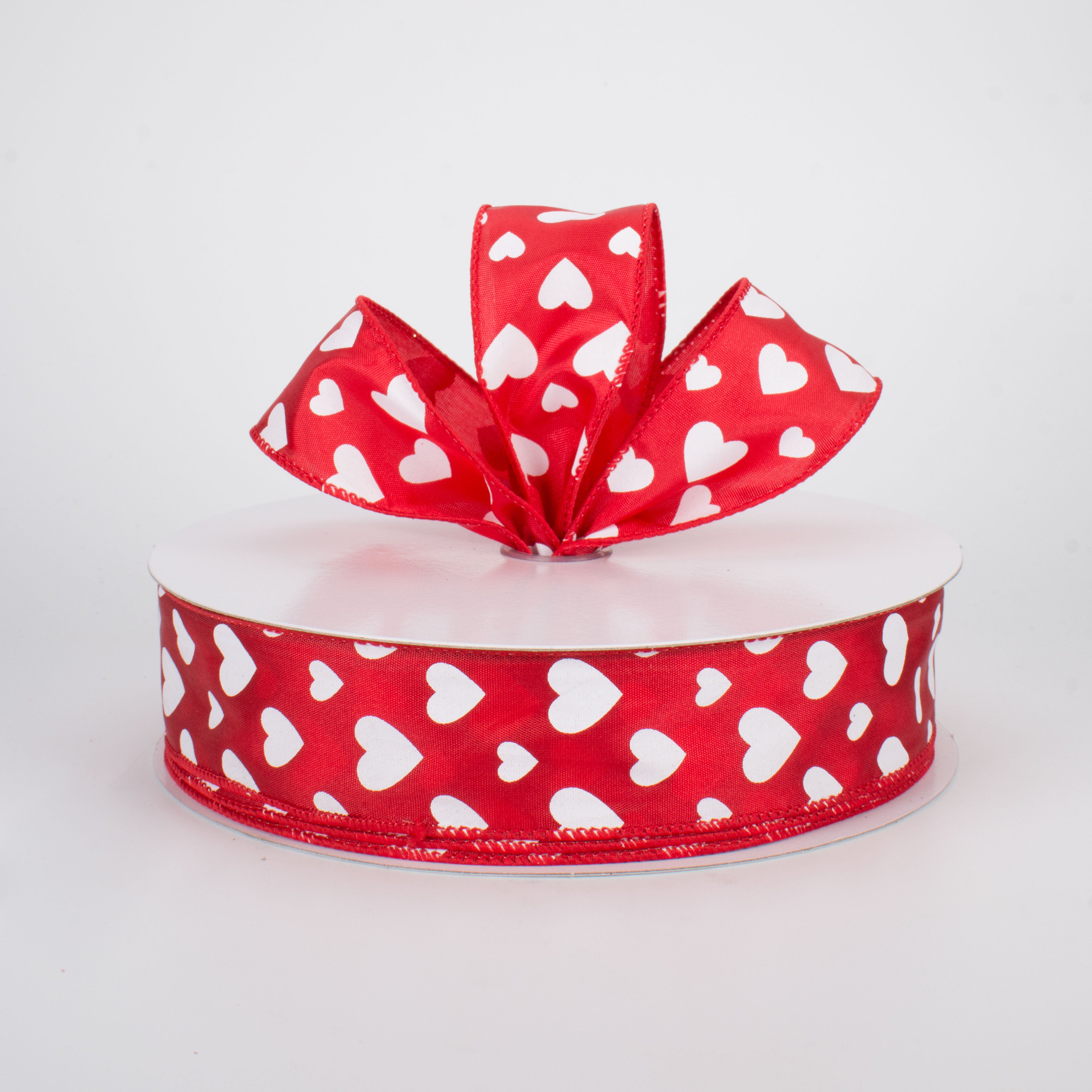 1.5" Hearts Ribbon: White On Red Satin (50 Yards) Lifestyle Photo