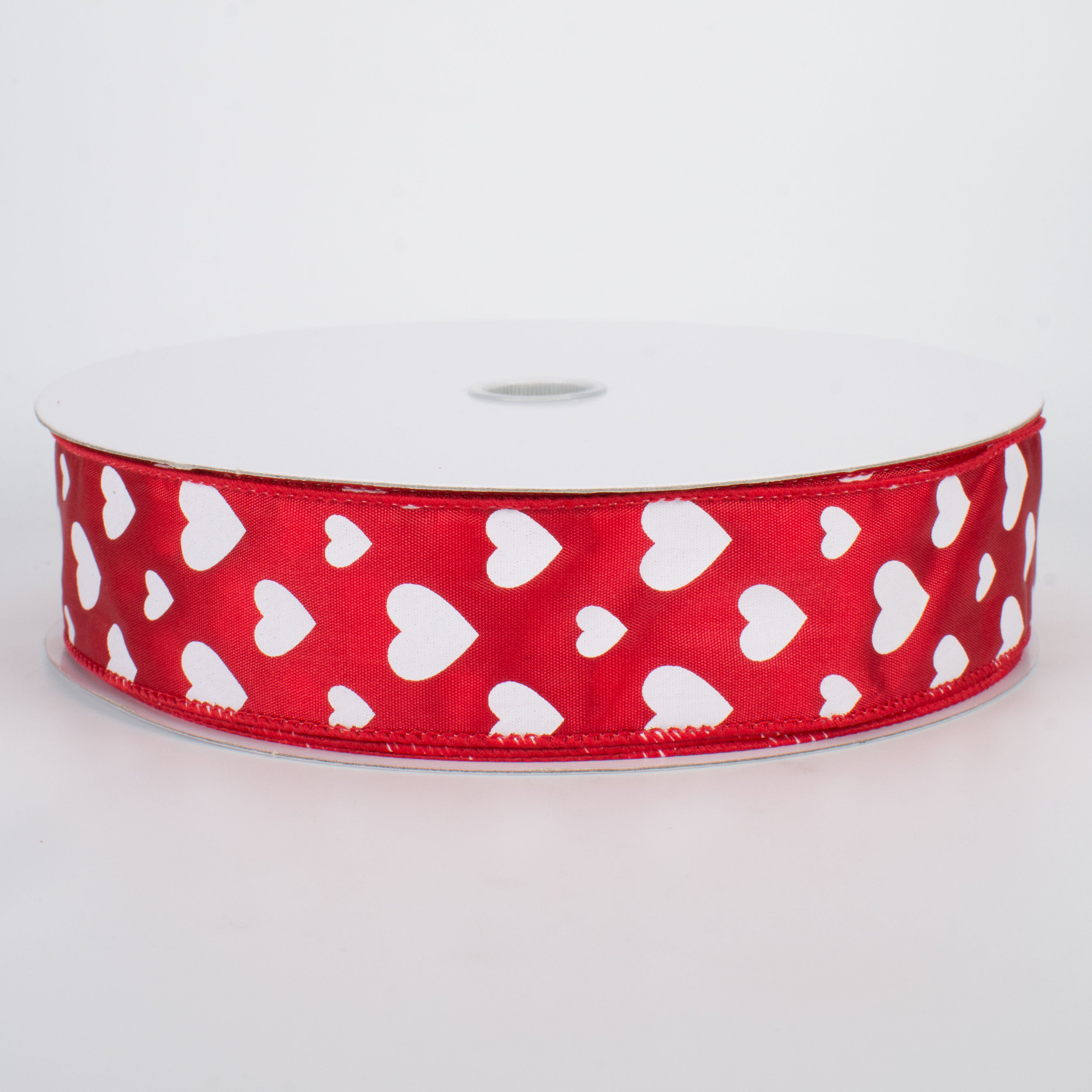 1.5" Hearts Ribbon: White On Red Satin (50 Yards) Item Number: Q501609-205