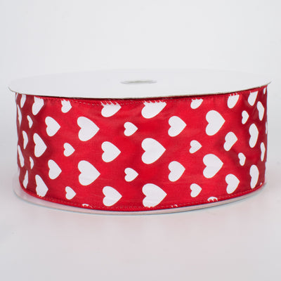 2.5" Hearts Ribbon: White On Red Satin (50 Yards) Item Number: Q501640-205