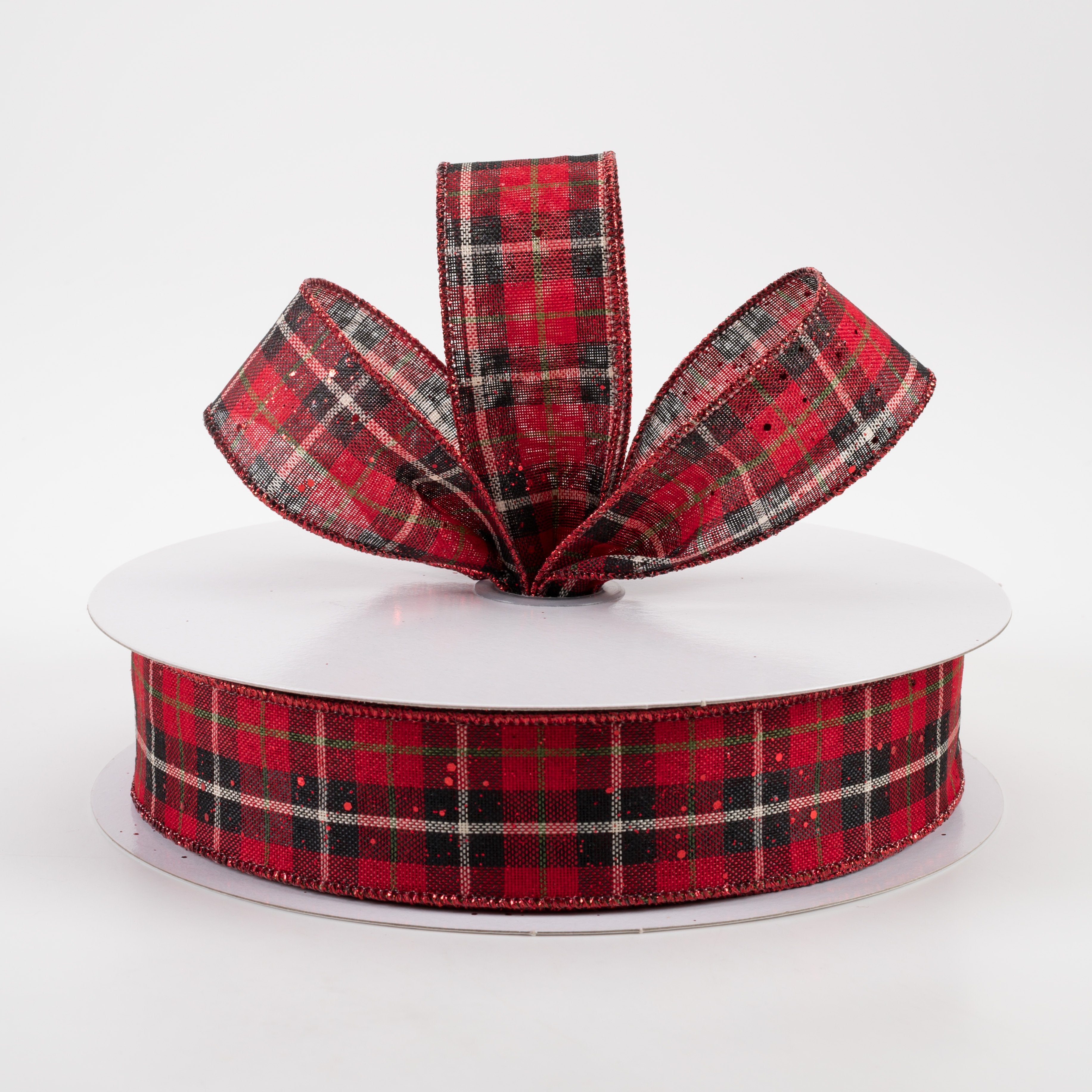 1.5" Hex Glitter Modern Tartan Plaid Ribbon: Red (50 Yards) Lifestyle Photo