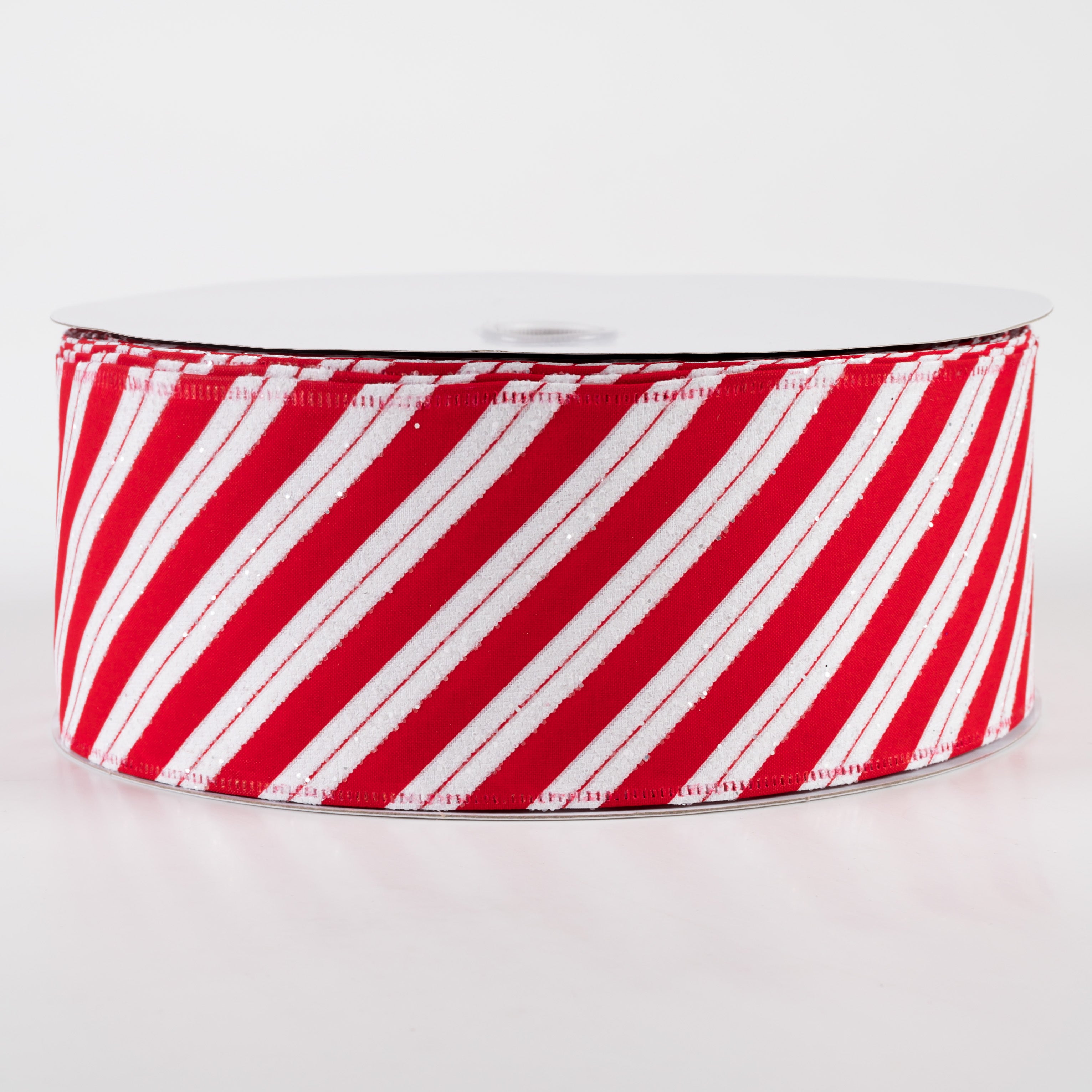 2.5" Hex Glitter Satin Candy Cane Stripes Ribbon (50 Yards)