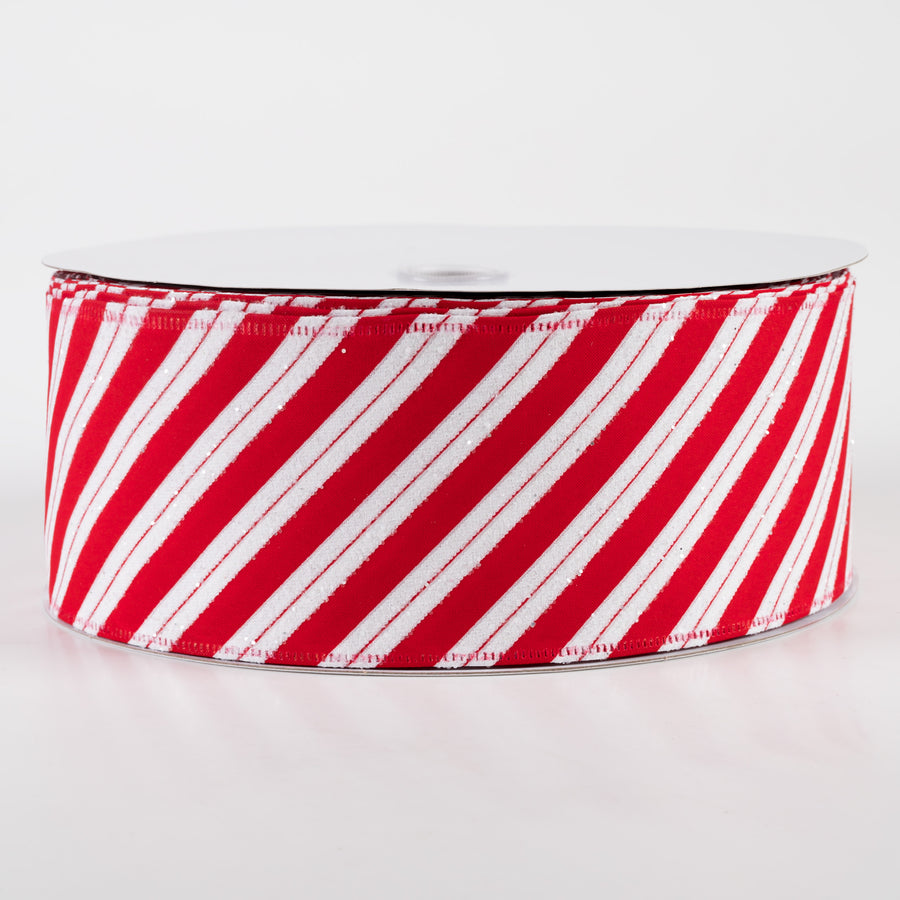 2.5" Hex Glitter Satin Candy Cane Stripes Ribbon (50 Yards)