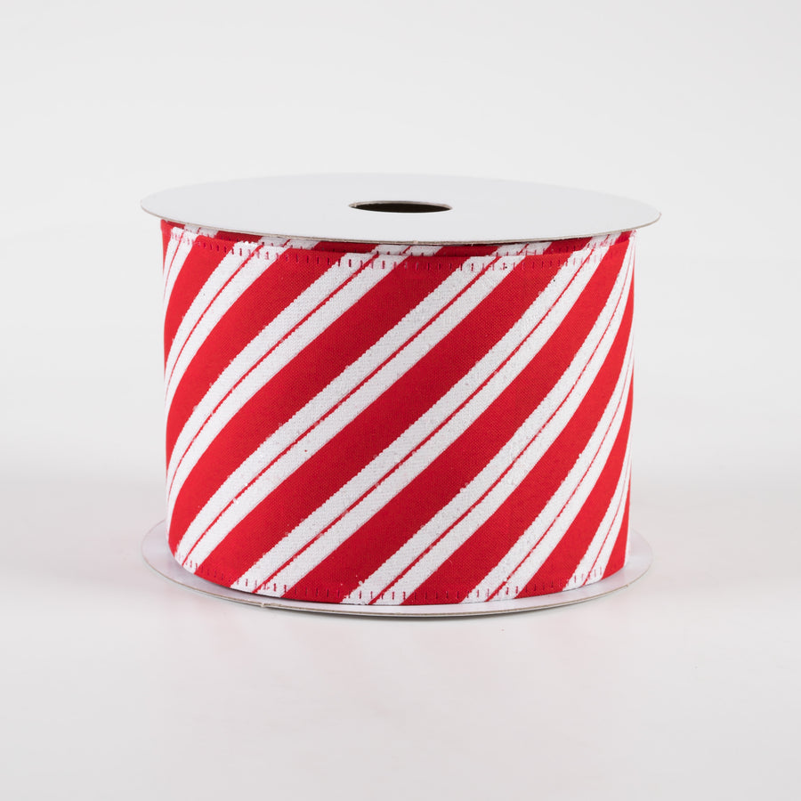 2.5" Hex Glitter Satin Candy Cane Stripes Ribbon (10 Yards)