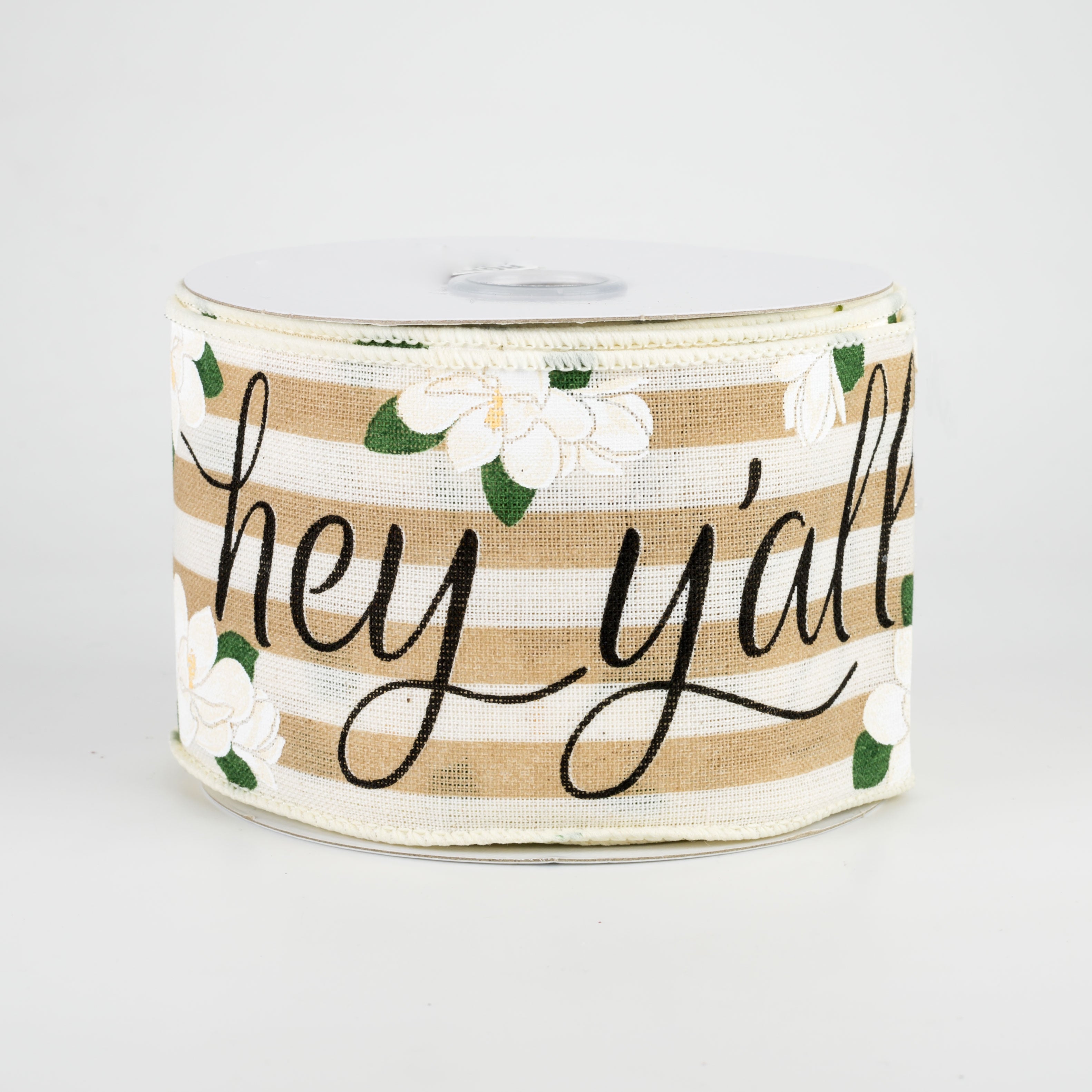 2.5" Hey Y'all Magnolias Ribbon: Light Beige & Off White (10 Yards)