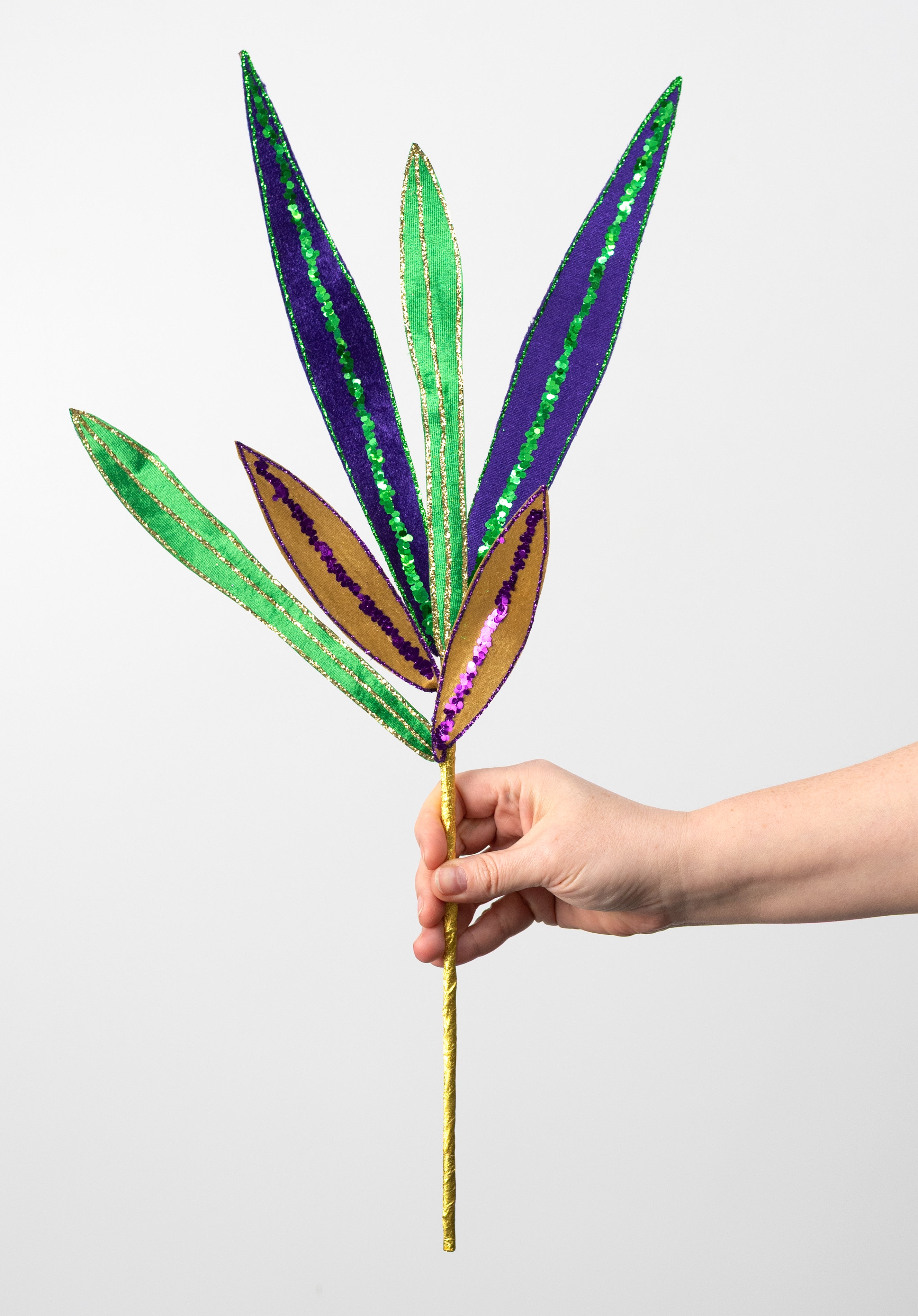 22" Glittered Velvet Skinny Leaf Spray: Mardi Gras