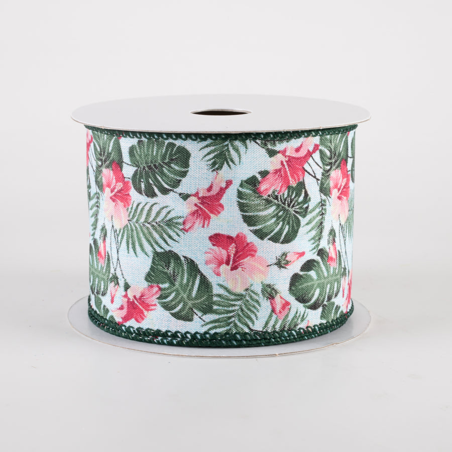 2.5" Hibiscus Monstera Leaves Ribbon: Aqua & Pink (10 Yards)