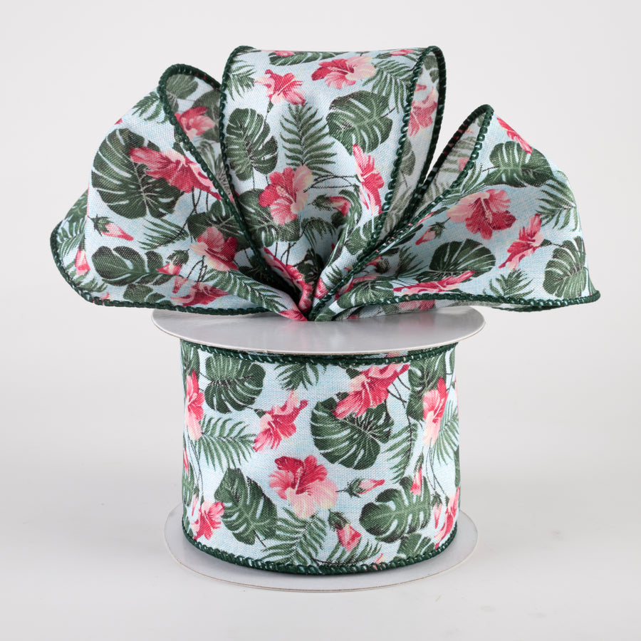 2.5" Hibiscus Monstera Leaves Ribbon: Aqua & Pink (10 Yards) Lifestyle Photo
