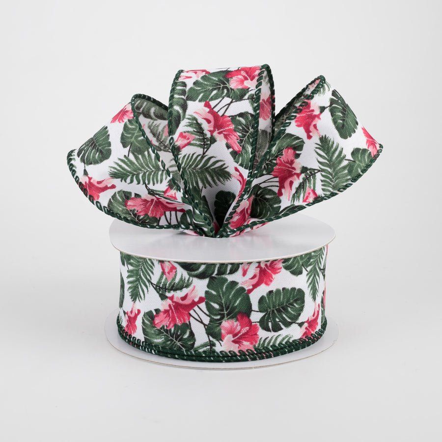 1.5" Hibiscus Monstera Leaves Ribbon: White & Pink (10 Yards) Lifestyle Photo