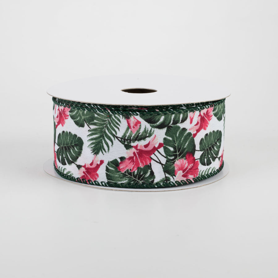 1.5" Hibiscus Monstera Leaves Ribbon: White & Pink (10 Yards)