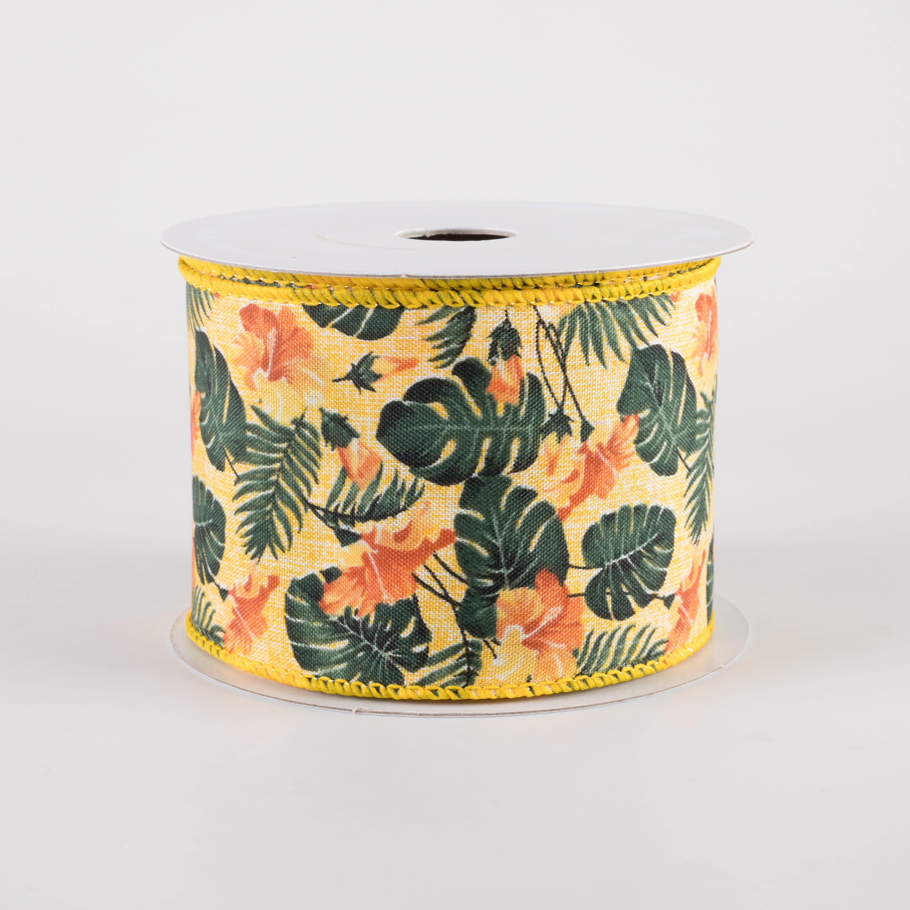 2.5" Hibiscus Monstera Leaves Ribbon: Yellow & Orange (10 Yards)